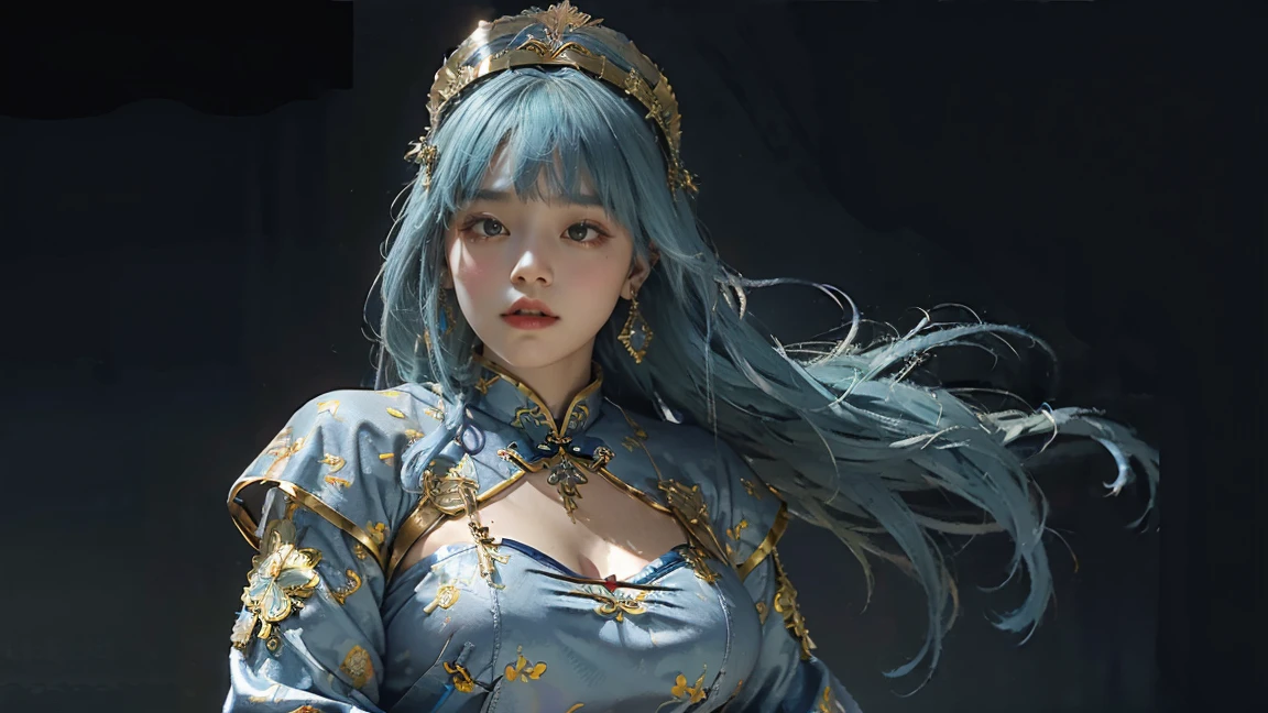 (The background is army:1.5),Oil painting style,A girl's side,,Gold headdress,(Blue Hair:1.2),(Red cheongsam:1.3),(Open your mouth:1.2),(fat face:1.4),Upper body,(Silver Arm Decoration:1.1),(big chest:1.2)