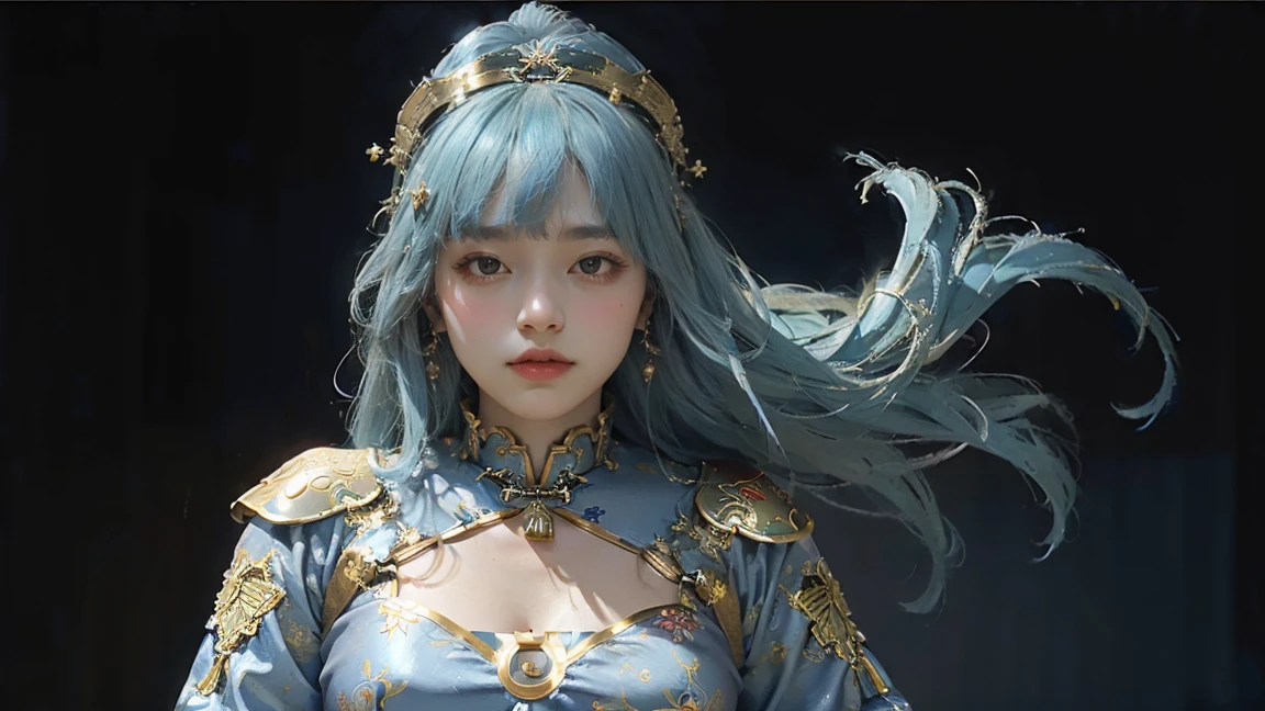 (The background is army:1.5),Oil painting style,A girl's side,,Gold headdress,(Blue Hair:1.2),(Red cheongsam:1.3),(Open your mouth:1.2),(fat face:1.4),Upper body,(Silver Arm Decoration:1.1),(big chest:1.2)