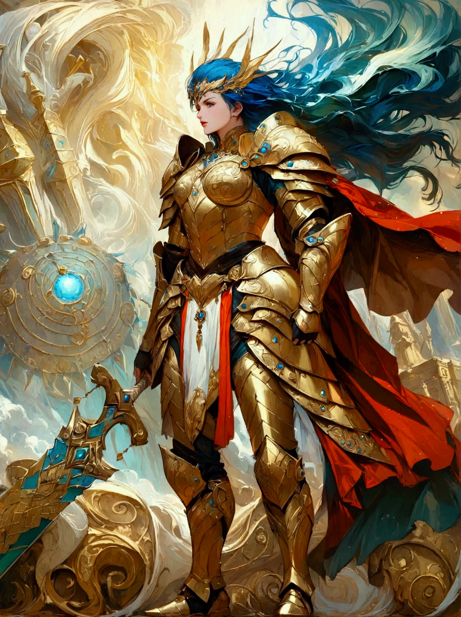 A majestic warrior, swathed in shimmering armor and brandishing a grand sword, is standing in the middle of an intense battle. This scene takes inspiration from the key elements of Gustav Klimt's celebrated golden era. The composition is vibrant and lively, with bold strokes. The palette of colors used are intense, and they beautifully illustrate the raw strength and unwavering spirit of the warrior. This digital painting, employs a myriad of digital techniques, giving it a soft and delicate quality that adds an otherworldly charm to the tumultuous battlefield. Be engrossed in this enthralling world of high fantasy, where lore is crafted and champions vie. Admire the complex adornment of the warrior's armors, the shining edge of the blade, and the active energy of the battle happening before you. Every stroke of this digital work of art catapults you to a universe where bravery and determination are the order of the day.