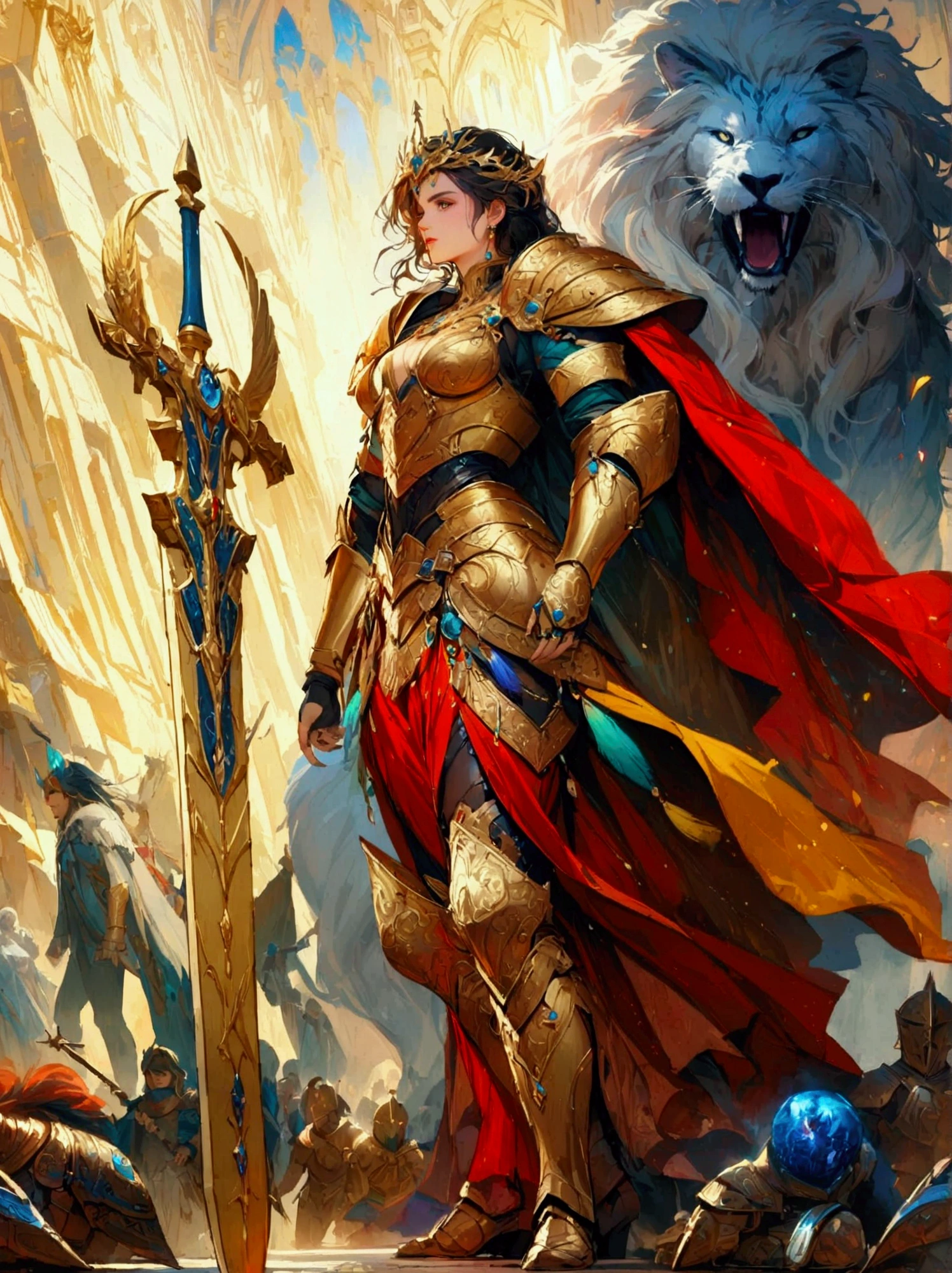 A majestic warrior, swathed in shimmering armor and brandishing a grand sword, is standing in the middle of an intense battle. This scene takes inspiration from the key elements of Gustav Klimt's celebrated golden era. The composition is vibrant and lively, with bold strokes. The palette of colors used are intense, and they beautifully illustrate the raw strength and unwavering spirit of the warrior. This digital painting, employs a myriad of digital techniques, giving it a soft and delicate quality that adds an otherworldly charm to the tumultuous battlefield. Be engrossed in this enthralling world of high fantasy, where lore is crafted and champions vie. Admire the complex adornment of the warrior's armors, the shining edge of the blade, and the active energy of the battle happening before you. Every stroke of this digital work of art catapults you to a universe where bravery and determination are the order of the day.