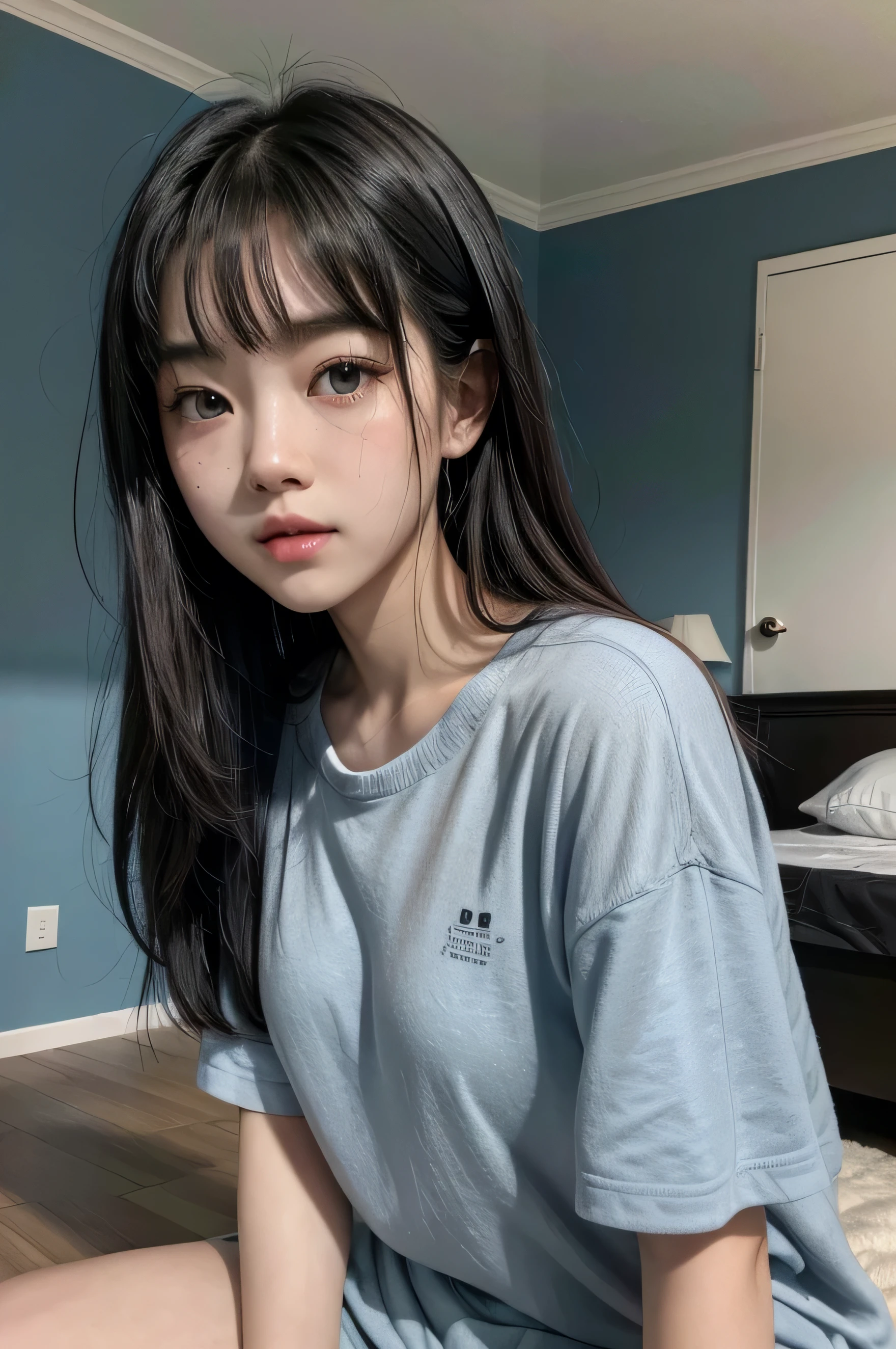 Asian girl similar to rosé of black pink with black hair, freckles and blue eyes.  in a room decorated in the acubi style and with blue and gray clothes 