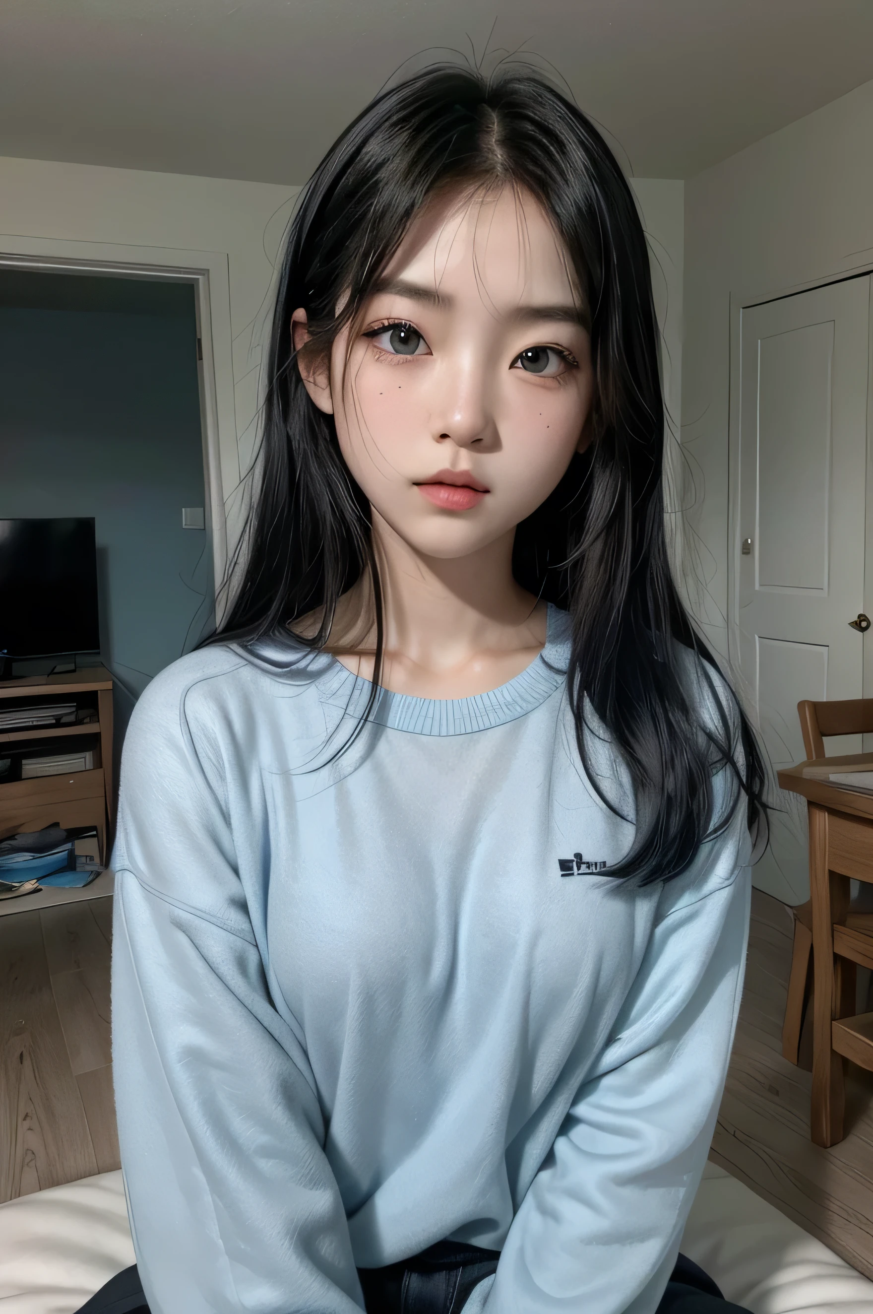 Asian girl similar to rosé of black pink with black hair, freckles and blue eyes. in a room decorated in the acubi style and with blue and gray clothes