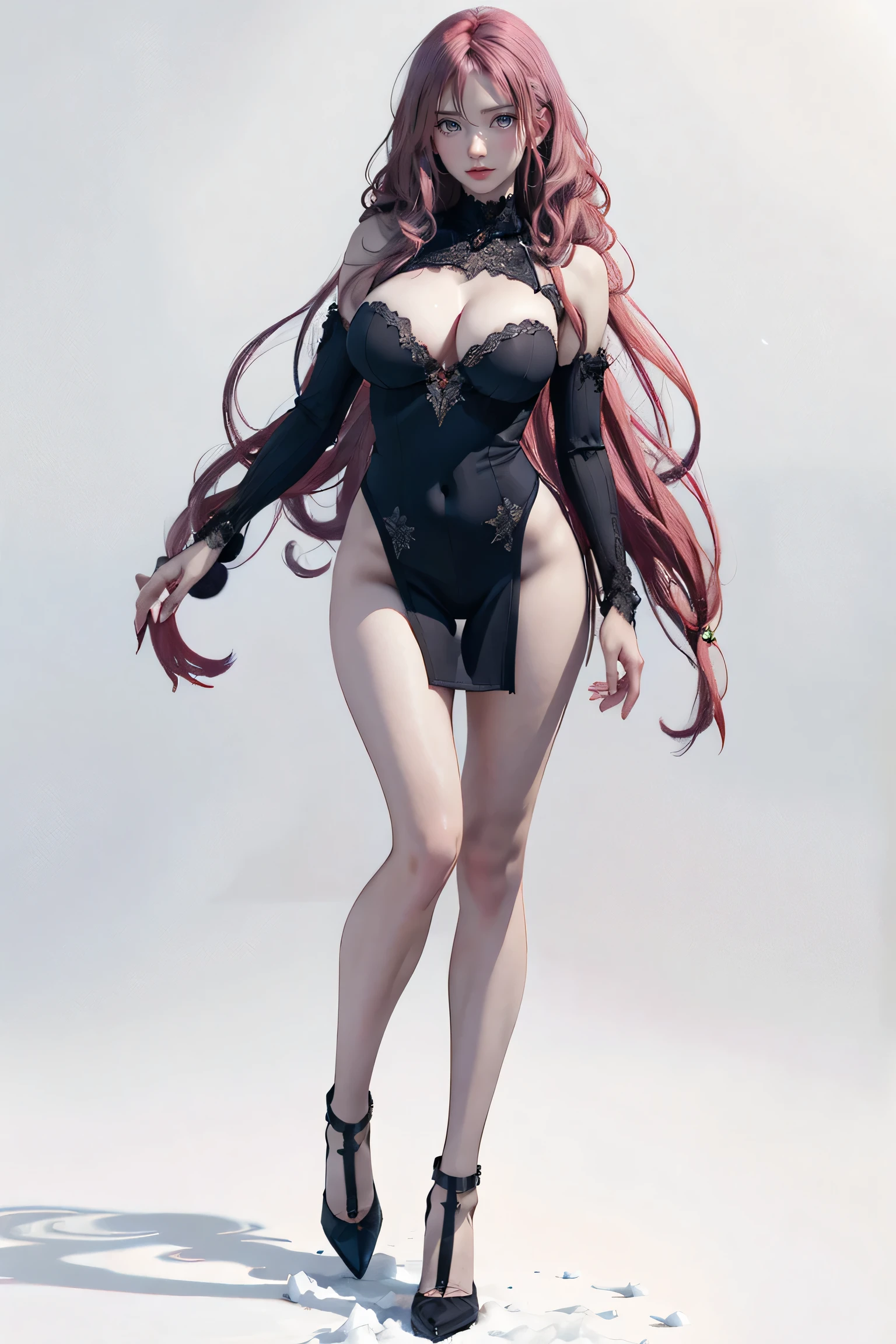 Masters of Animation, A perfect masterpiece, On a snow-white background、Cool outfits, Sexy and modern clothing、Sexy mature modern woman standing, Flowing pink hair, Spanish Curly Hair, Full Body Stand Posture, Thin legs, ((Large Breasts)), Detailed facial details, Natural and beautiful standing posture, Crisp and realistic body detail,(NSFW:0.9)