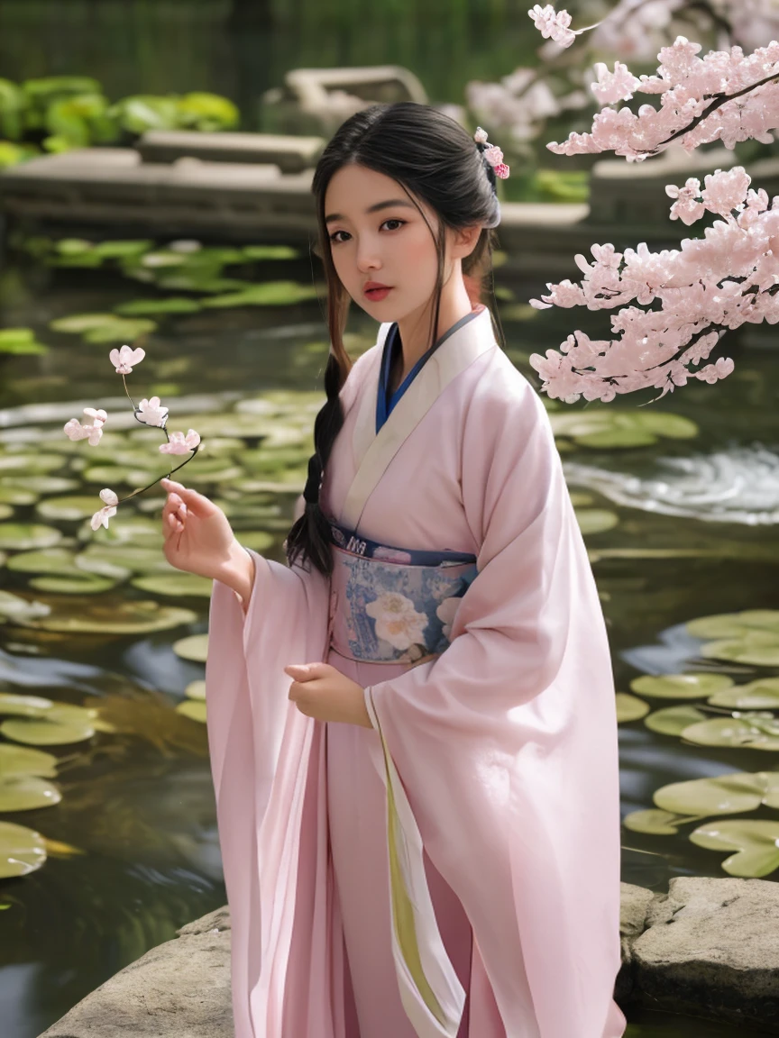 A beautiful Chinese girl with a serene and ethereal presence, dressed in a traditional hanfu that drapes gracefully around her. The hanfu is a soft, pale pink with delicate embroidery of cherry blossoms and birds, symbolizing beauty and harmony. Her long hair is styled in an intricate braid, adorned with small blossoms. She stands by a tranquil koi pond in a traditional garden, with the gentle sound of flowing water and the soft light of the setting sun creating a peaceful and harmonious atmosphere