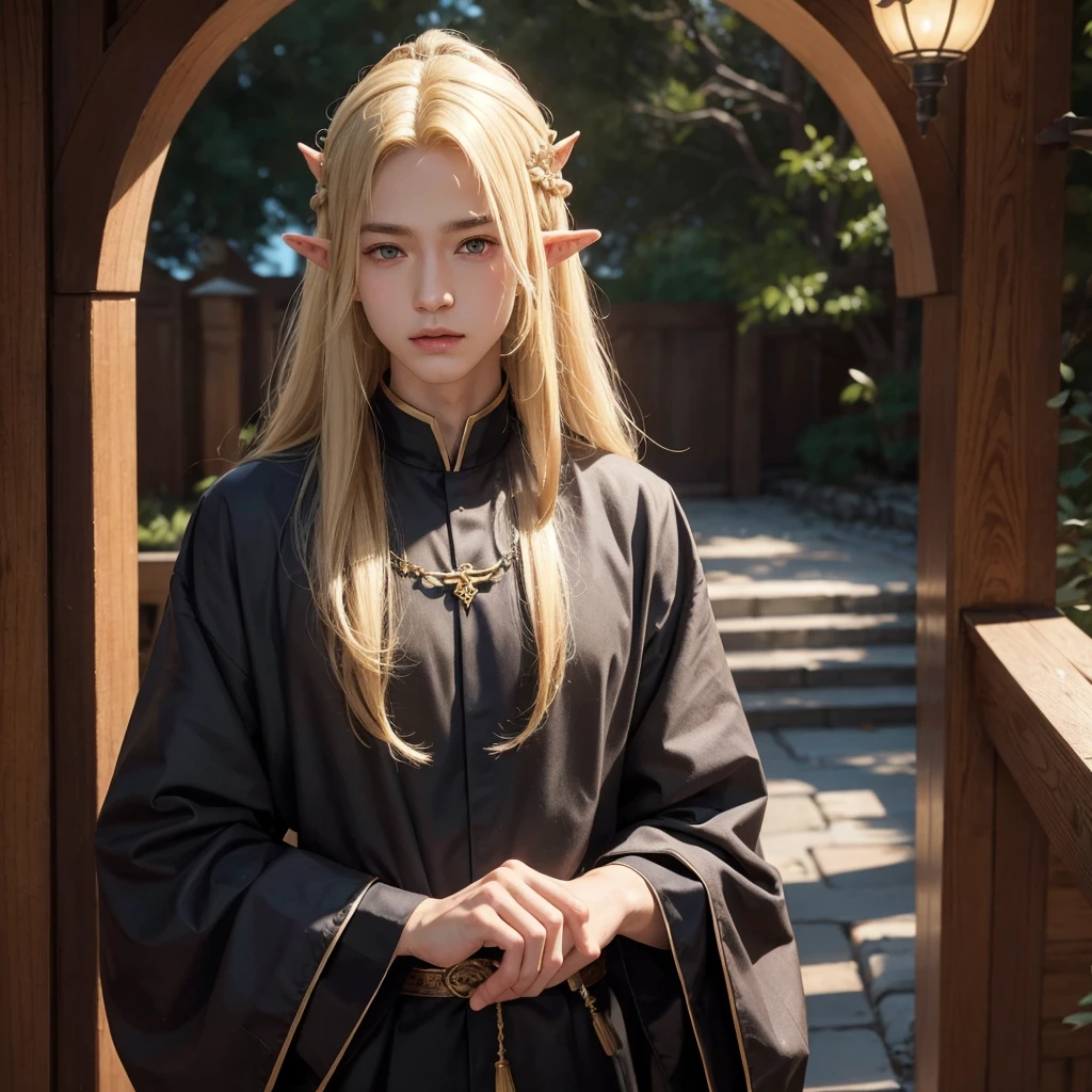 Young handsome man、The hair is long and blonde、Showing his forehead、He wears an elven ornament on his head.
