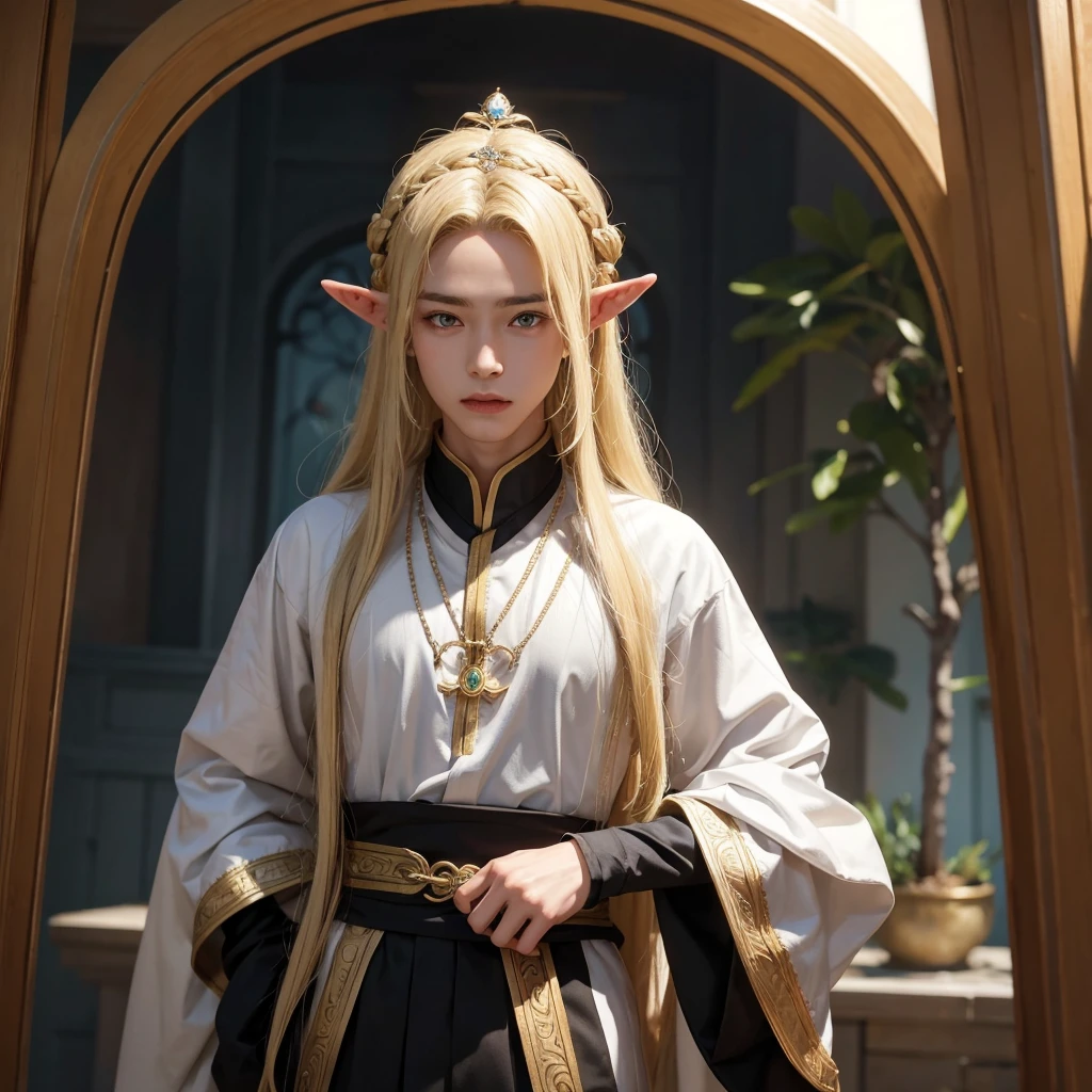 Young handsome man、The hair is long and blonde、Showing his forehead、He wears an elven ornament on his head.