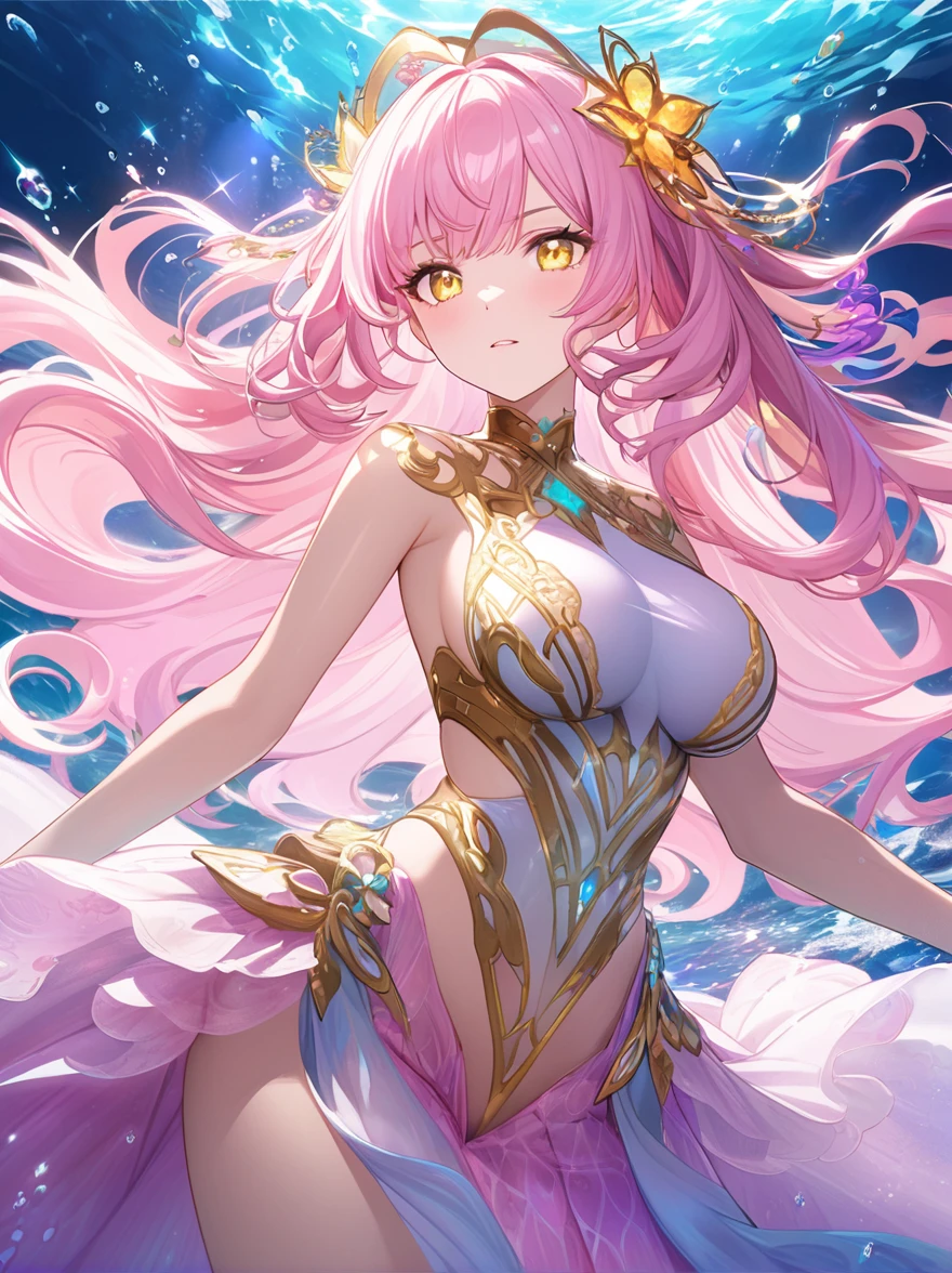 masterpiece, game CG, poster, highest resolution, official illustration, three-dimensional coloring, detailed Coloring, detailed description, artistic beauty, (1girl:1.2),(solo:1.2),facial features sharp Face,large_breasts,
### Character Design: Combination of Elegant Water Serpent and Electric Mouse Inspired Anthropomorphic Female Character
#### Physical Features
- **Hair**: Long, flowing, and iridescent, with a blend of soft pink and bright yellow. The hair has a silky texture with wavy, flowing curls that reflect the grace of water and the energy of electricity.
- **Eyes**: Large and luminous, with a vibrant yellow glow surrounded by a soft pink shimmer. The eyes combine the enchanting beauty of water and the lively sparkle of electric energy.
- **Skin**: Smooth with a gradient from pastel pink to bright yellow. The skin features delicate, wave-like patterns and subtle, glowing highlights that blend the aquatic elegance with electric vibrancy.
- **Figure**: Elegant and slender with an elongated, graceful form. The design emphasizes both the fluidity of water and the energetic agility of electricity.
#### Outfit
- **Top**: A fitted, sleeveless bodysuit in shimmering pink with bright yellow accents. The top features wave-like patterns and electric motifs that highlight the fusion of the two elements.
- **Bottoms**: High-waisted, flowing skirt in vibrant yellow with pink wave patterns. The skirt has a dynamic, ethereal design with glowing elements that reflect the character’s aquatic and electric qualities.