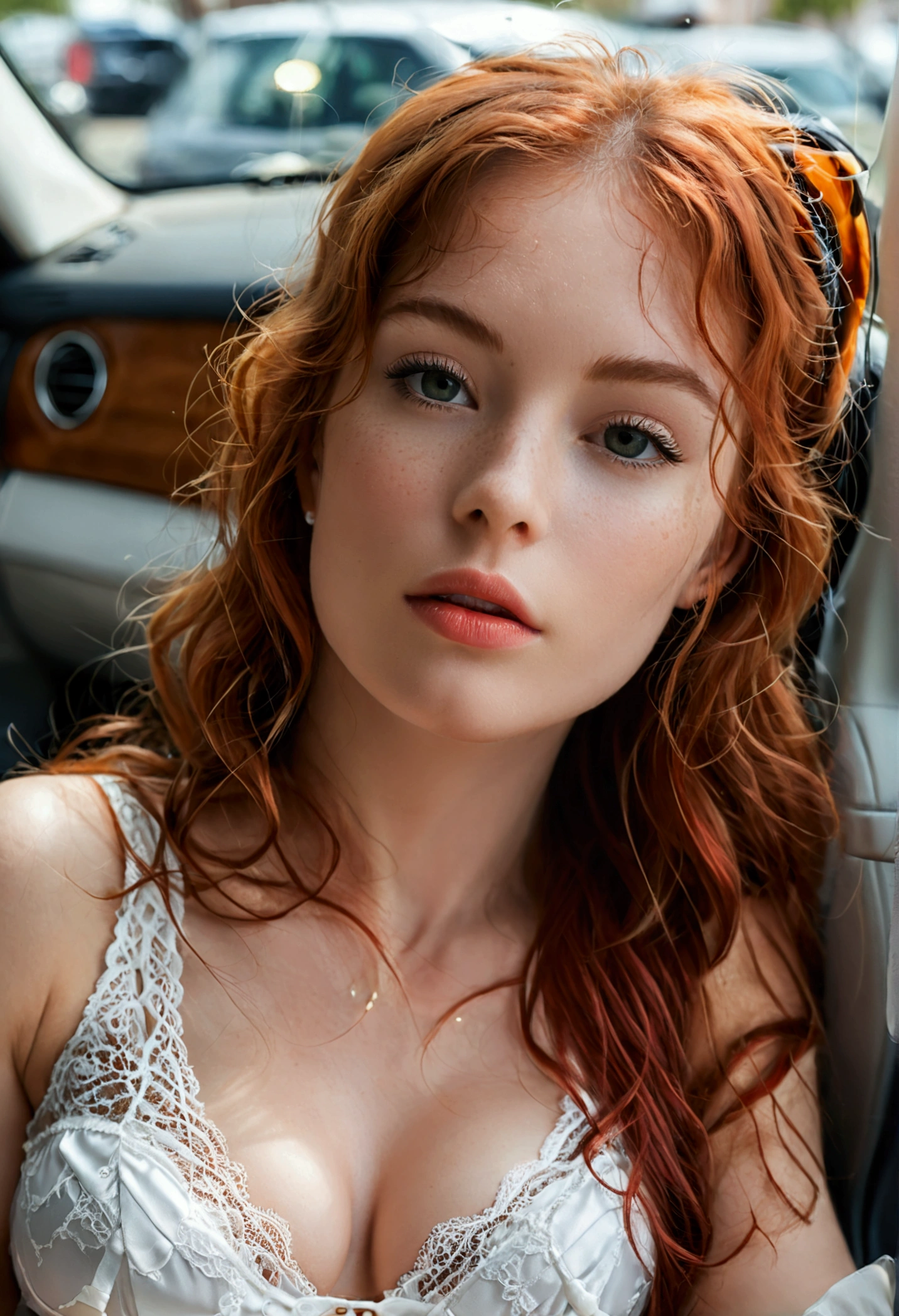 (full body shot:1) photorealistic image of a (laying pose:1) woman, ultrarealistic, photography, long red hair, woman, 24 years old, hourglass figure, perfect body, Flirty look, natural medium breasts, blur background, she is laying on the backseat of a car, she wears white lace lingerie, long eyelashes, cat eye make-up, she is barefoot, bare foot, bare feet