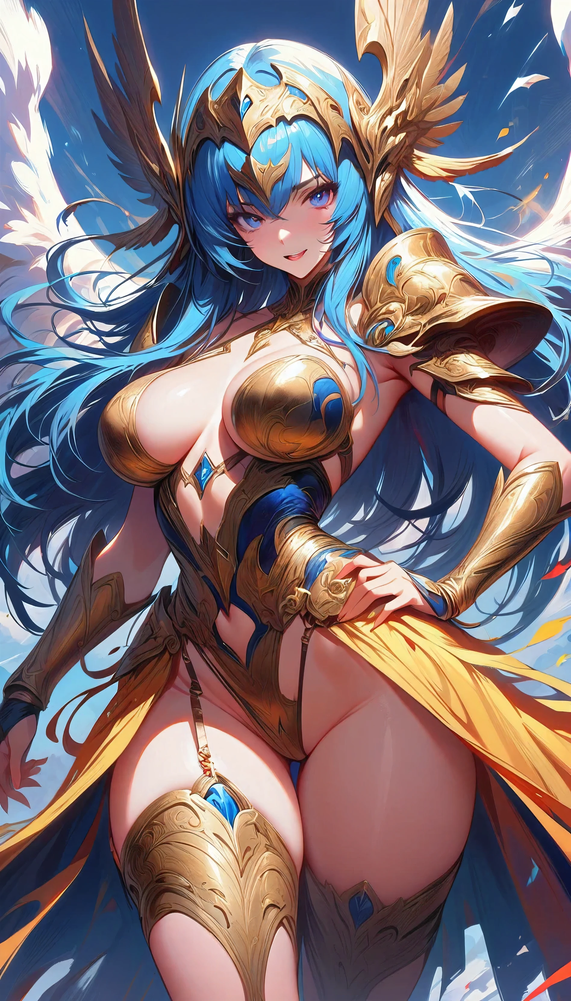 NSFW,((masterpiece,Highest quality,4K)),score_9, score_8_upper, score_7_upper,anime, anime,Rainbow Hair,Wearing a black and gold dress,animeの女の子、Blue background, krenz cushart and ArtJam, 美しく魅力的なanimeの女性, ArtJam style, Yoshika Amano Karol Baq, ArtJam detailed, style ivan talavera and ArtJam, Beautiful cartoon art, ArtJam. Attention to detail, ArtJam comic