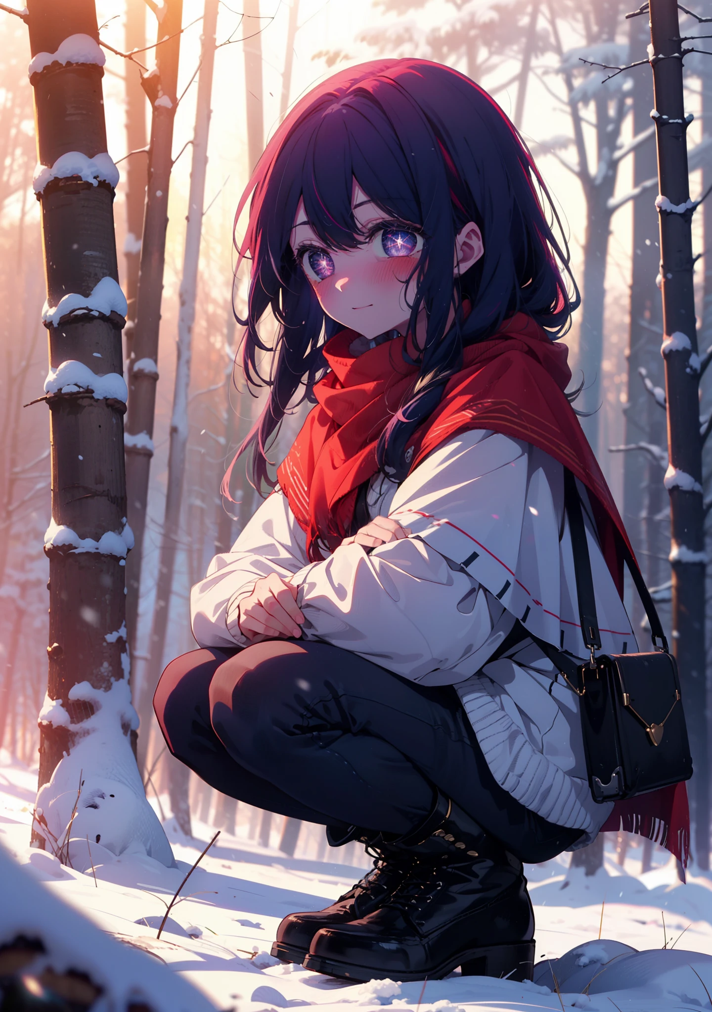 aihoshino, Ai Hoshino, Long Hair, bangs, (Purple eyes:1.1), Purple Hair, (Symbol-shaped pupil:1.5), smile,,smile,blush,white breath,
Open your mouth,snow,Ground bonfire, Outdoor, boots, snowing, From the side, wood, suitcase, Cape, Blurred, , forest, White handbag, nature,  Squat, Mouth closed, Cape, winter, Written boundary depth, Black shoes, red Cape break looking at viewer, Upper Body, whole body, break Outdoor, forest, nature, break (masterpiece:1.2), Highest quality, High resolution, unity 8k wallpaper, (shape:0.8), (Beautiful and beautiful eyes:1.6), Highly detailed face, Perfect lighting, Highly detailed CG, (Perfect hands, Perfect Anatomy),
