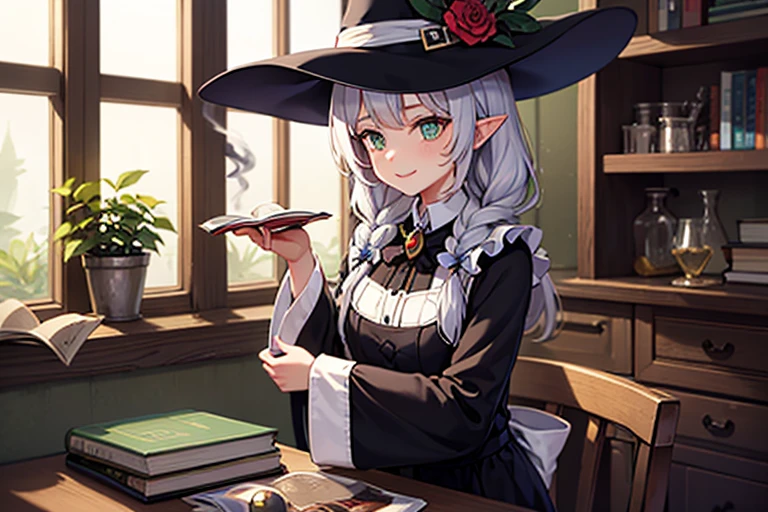 1girl, solo, long hair, smile, bangs, long sleeves, hat, dress, black dress, holding, green eyes, braid, flower, white hair, grey hair, pointy ears, indoors, wide sleeves, white apron, twin braids, cup, book, window, bell, witch hat, animal, table, cat, bottle, plant, plate, blue headwear, open book, hat jewelry, bookshelf, witch, potted plant, black cat, shelf, book stack, jar, flask, potion, pocket watch on the desk, potted plant, bottle, chest,laboratory,beaker with smoke,dried medicinal herbs,