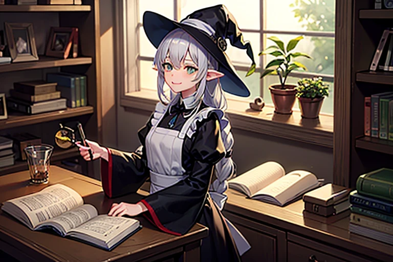 1girl, solo, long hair, smile, bangs, long sleeves, hat, dress, black dress, holding, green eyes, braid, flower, white hair, grey hair, pointy ears, indoors, wide sleeves, white apron, twin braids, cup, book, window, bell, witch hat, animal, table, cat, bottle, plant, plate, blue headwear, open book, hat jewelry, bookshelf, witch, potted plant, black cat, shelf, book stack, jar, flask, potion, pocket watch on the desk, potted plant, bottle, chest,laboratory,beaker with smoke,dried medicinal herbs,