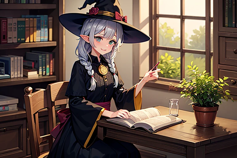 1girl, solo, long hair, smile, bangs, long sleeves, hat, dress, black dress, holding, green eyes, braid, flower, white hair, grey hair, pointy ears, indoors, wide sleeves, white apron, twin braids, cup, book, window, bell, witch hat, animal, table, cat, bottle, plant, plate, blue headwear, open book, hat jewelry, bookshelf, witch, potted plant, black cat, shelf, book stack, jar, flask, potion, pocket watch on the desk, potted plant, bottle, chest,laboratory,beaker with smoke,dried medicinal herbs,