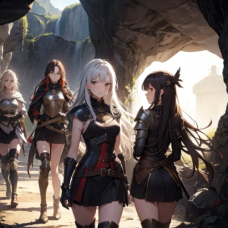 A group of  female medieval fantasy adventurers, (in cave), various hair styles, harem, dark, details face, short skirt, seducing, sleeveless, armor 