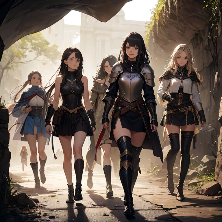 A group of female medieval fantasy adventurers, (in cave), various hair styles, harem, dark, details face, short skirt, seducing, sleeveless, armor