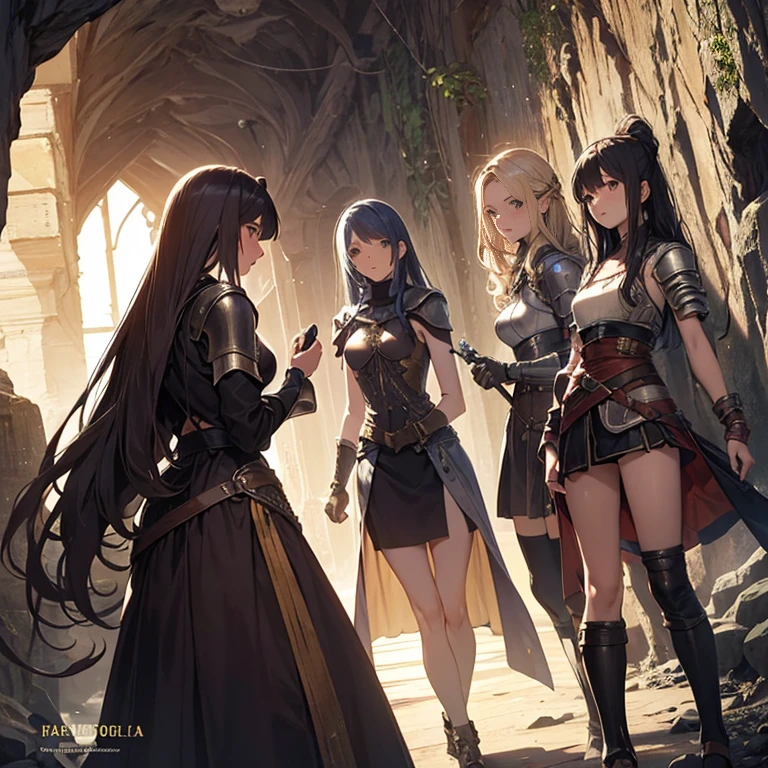 A group of female medieval fantasy adventurers, (in cave), various hair styles, harem, dark, details face, short skirt, seducing, sleeveless, armor