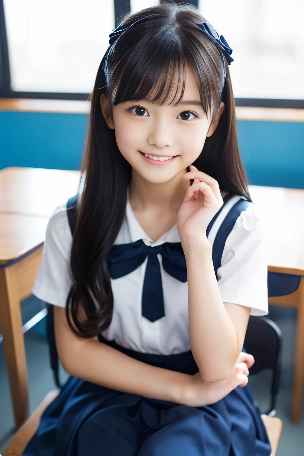 (((masterpiece))), (((Full body photo,Full-body display)))， (Beautiful Japanese Girl, Innocence，cute) ，Ultra-high resolution, Realistic, Ultra-detailed, 8k,Highest quality, Very detailed, Detailed Background,Slender,とてもBeautiful Japanese Girl, Detailed face:1.3), (Fluffy long hair,Black hair tied with a ribbon :1.4), (Baby Face，cute系,Adorable 12 year old girl), (Perfect body:1.1),，Cute Smile:、show me your beautiful teeth、非常にDetailed face、Detailed lips、Detailed eyes、 gravure idol，Clear Skin、Realistic:1.37，No makeup，Neutral lighting,(Highest quality, masterpiece), (One girl, school uniform,Navy blue dress,Neck ribbon,View your viewers, Mouth closed,),Pose to be pampered,In the classroom，Bright lighting