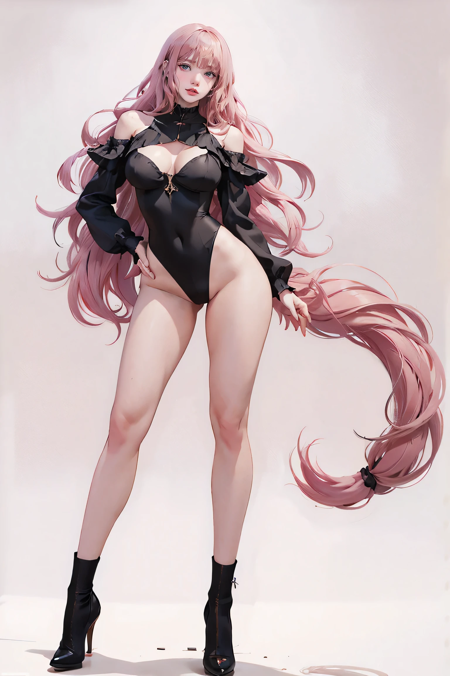 Masters of Animation, A perfect masterpiece, On a snow-white background、Cool outfits, Sexy and modern clothing、Sexy mature modern woman standing, Flowing pink hair, Spanish Curly Hair, Full Body Stand Posture, Thin legs, ((Large Breasts)), Detailed facial details, Natural and beautiful standing posture, Crisp and realistic body detail,(NSFW:0.9)