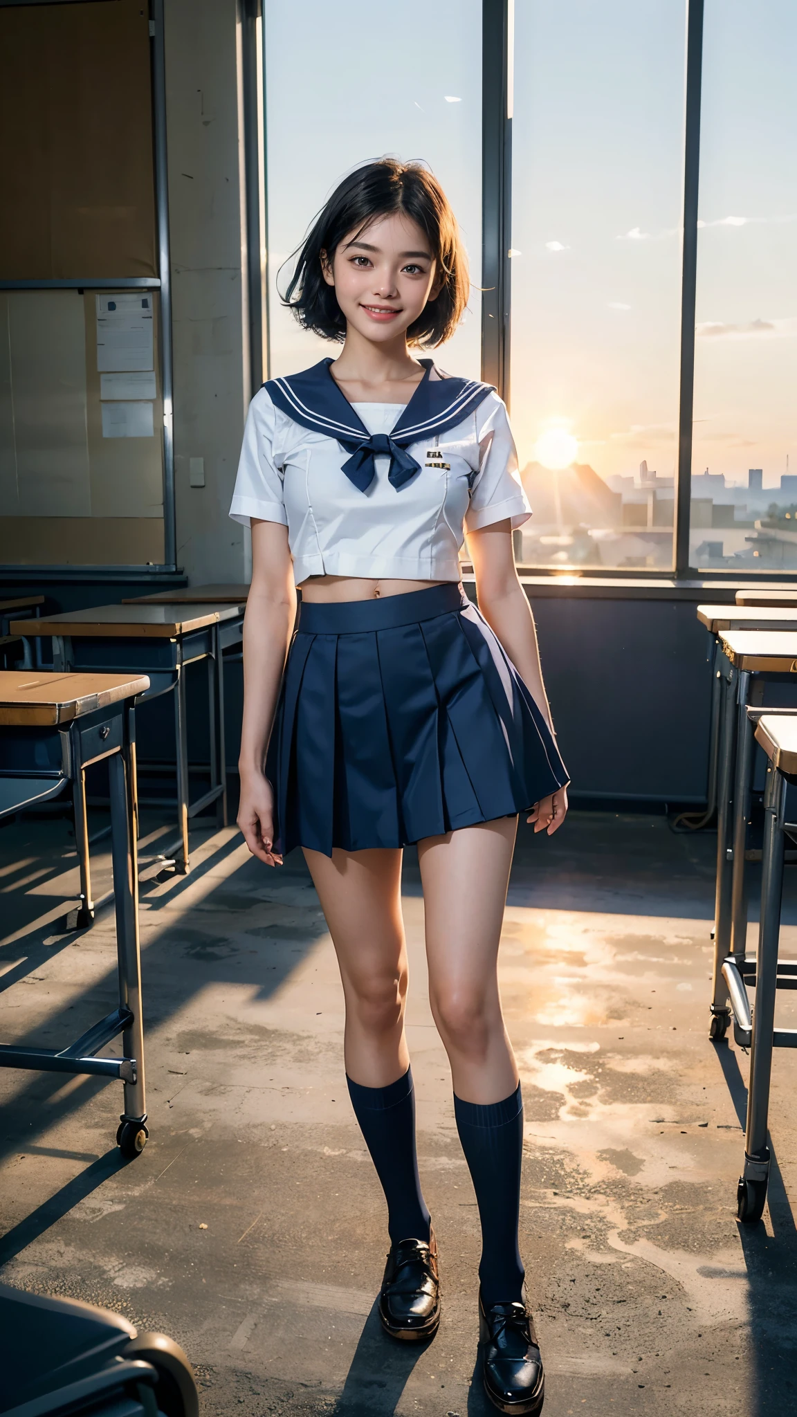 Highest quality, masterpiece, Ultra-high resolution,8k, (Realistic:1.6), (Portrait of a school classroom illuminated by the setting sun:1.4)),Slim Body,RAW Photos,((Smiling with teeth showing)),((Navy blue sailor suit,mini skirt,Below the knee socks)),((Cute face)),Slim 18 year old adult female ,((Jet black straight short hair)),Face Focus:1.4,