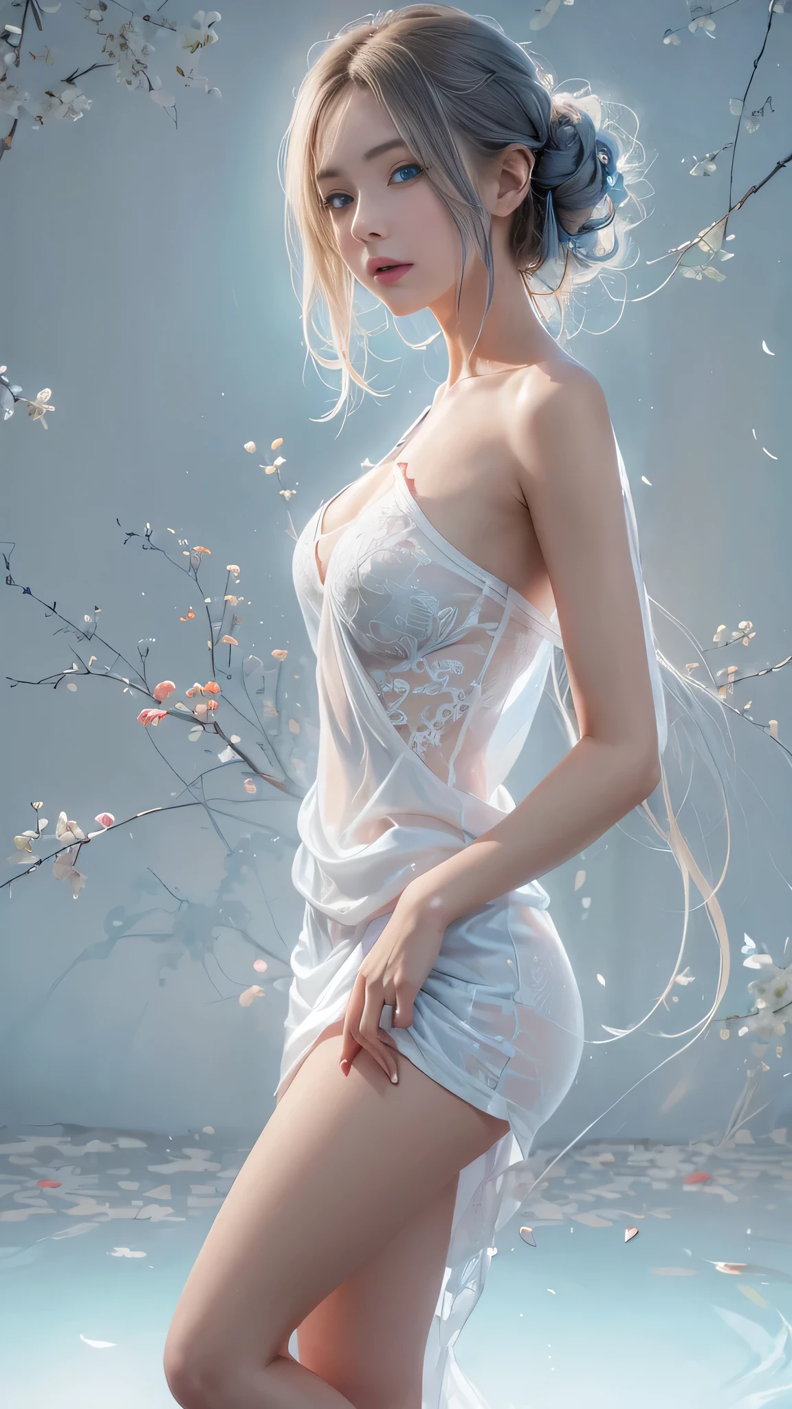 (Girl in a semi-transparent one-shoulder white miniskirt dress), (フォトRealistic:1.4), (ハイパーRealistic:1.4), (Realistic:1.3), (Smooth lighting:1.05), (Cinematic Lighting Quality Improvements:0.9),. 32K, 1 Girl,20 year old girl, Realistic lighting, Backlight, Face light, Ray tracing, (Brightening light:1. 2), (Image quality improvement:1.4), (Highest quality realistic textured skin:1. 4),(Big Blue Eyes), Detailed drawn eyes、Detailed painted face、Fine textured eyes、(tired、sleepy、satisfaction:0.0)、A shirt that shows off a lot of cleavage、(Accentuates the body line:1.1)、(Beautiful textured skin:1.1)、(Red petals are flying)、(Black lace panties are visible)、Slim long legs、
