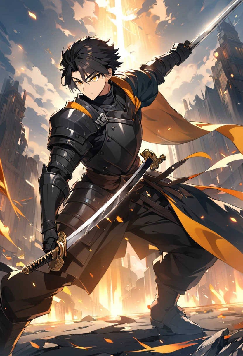 black hair knight, anime, yellow eyes, swordsman, 4k hd
