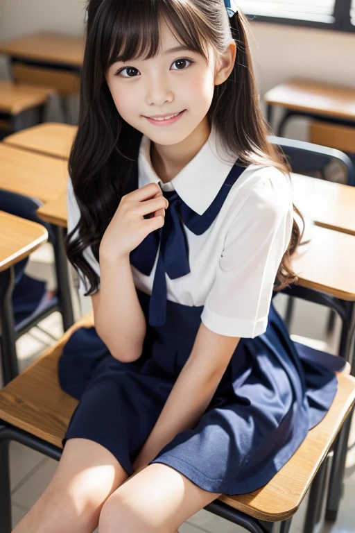 (((masterpiece))), (((Full body photo,Full-body display)))， (Beautiful Japanese Girl, Innocence，cute) ，Ultra-high resolution, Realistic, Ultra-detailed, 8k,Highest quality, Very detailed, Detailed Background,Slender,とてもBeautiful Japanese Girl, Detailed face:1.3), (Fluffy long hair,Black hair tied with a ribbon :1.4), (Baby Face，cute系,Adorable 12 year old girl), (Perfect body:1.1),，Cute Smile:、show me your beautiful teeth、非常にDetailed face、Detailed lips、Detailed eyes、 gravure idol，Clear Skin、Realistic:1.37，No makeup，Neutral lighting,(Highest quality, masterpiece), (One girl, school uniform,Navy blue dress,Neck ribbon,View your viewers, Mouth closed,),Pose to be pampered,In the classroom，Bright lighting