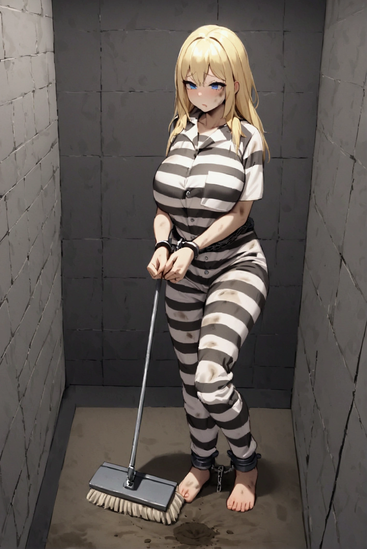 Huge breasts, Prisoner, Girl in prison, Imprisonment, Imprisonment, Black and white prison jumpsuit, Handcuffed,Shackles, Suppressed, bondage, be interested, Solitary confinement, rock, Long blonde hair, blue eyes,（mud stains）,dirty face,（dirt on face）,dirty clothes,mop, holding mop,indoors,dirt, mopping floors,mop_bucket,