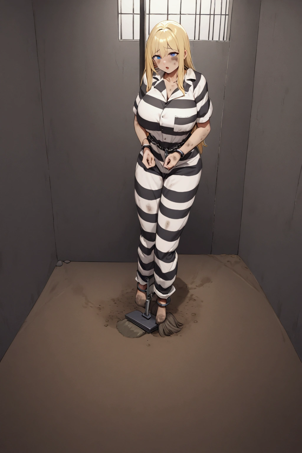 Huge breasts, Prisoner, Girl in prison, Imprisonment, Imprisonment, Black and white prison jumpsuit, Handcuffed,Shackles, Suppressed, bondage, be interested, Solitary confinement, rock, Long blonde hair, blue eyes,（mud stains）,dirty face,（dirt on face）,dirty clothes,mop, holding mop,indoors,dirt, mopping floors,mop_bucket,