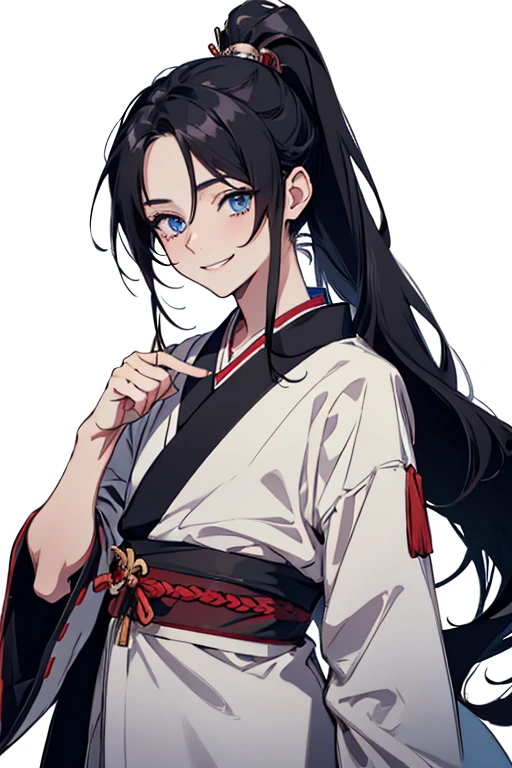 vision, Very long hair, Anatomically correct, ponytail, anime, , boy, High resolution, Black Hair, Simple Background, smile, blue eyes, Shinto,