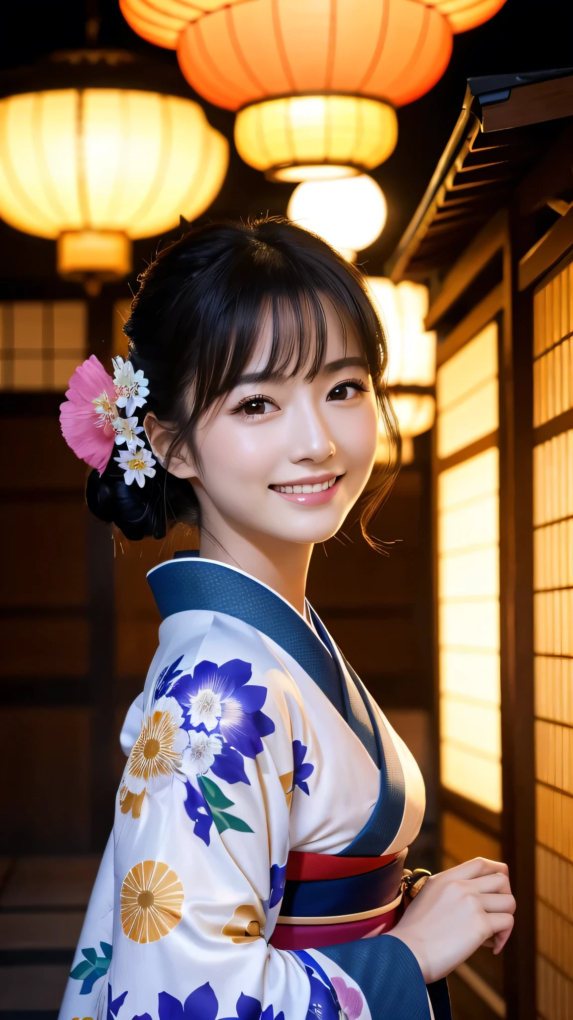 (Super beautiful woman in kimono)、((highest quality、8K masterpiece:1.3))、sharp focus:1.2、(super beautiful face:1.0)、(shiny skin:1.0)、realistic pictures、black hair、video lighting、High resolution eyes and face、video lighting、japanese actress、from the front、with a happy smile、whole body、wearing a kimono、in Kyoto、(luxury obi)、with a fan、Fireworks Display