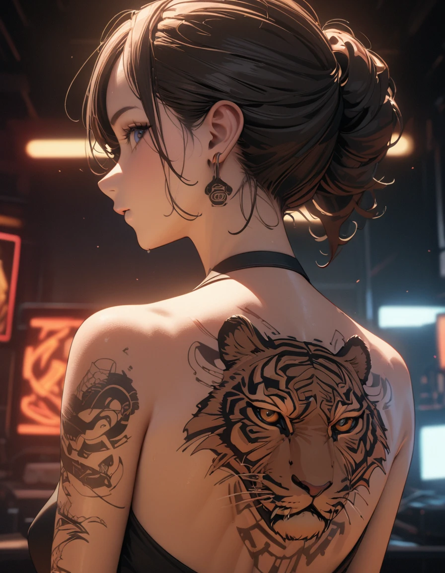 official art, unified 8k wallpaper, Super detailed, Beautiful and beautiful, masterpiece, best quality,,Low cut clothing,Beauty close-up,back,look back,tattoo art,tiger tattoo,Hojoji manga art style,Neon special effects,movie lighting,8k,best quality,masterpiece,OC renderer,
