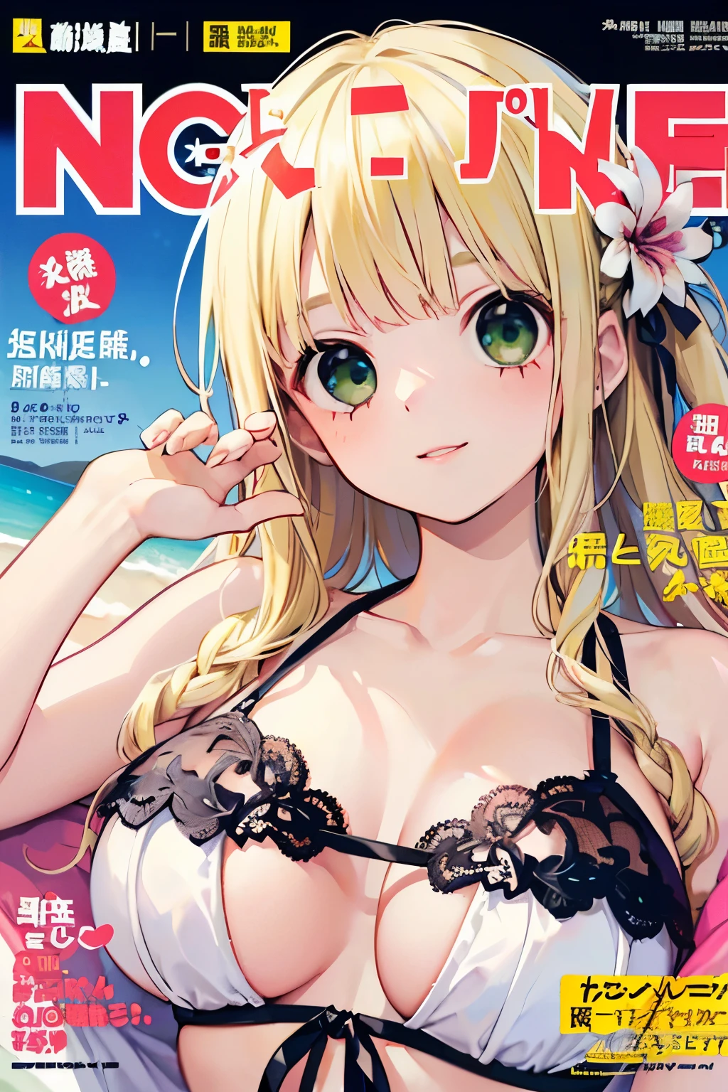 beautiful cute girl,(blonde hair:1.2),,(Lightgreen eyes:1.2),(Flower summer clothes:1.2),((Magazine cover:1.0)),((lace:1.2)),(首を傾げる:1.3), (lie on your back:1.15),(open your mouth:1.1),smile,close-up Face