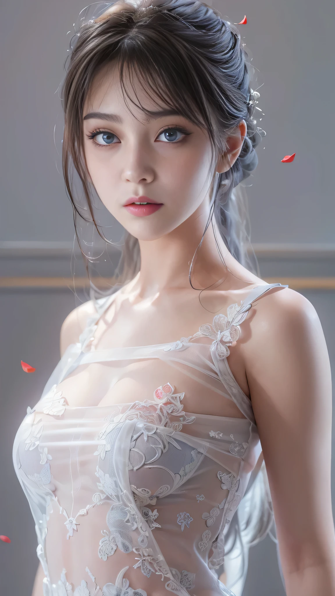 (Girl in a semi-transparent one-shoulder white miniskirt dress), (フォトRealistic:1.4), (ハイパーRealistic:1.4), (Realistic:1.3), (Smooth lighting:1.05), (Cinematic Lighting Quality Improvements:0.9),. 32K, 1 Girl,20 year old girl, Realistic lighting, Backlight, Face light, Ray tracing, (Brightening light:1. 2), (Image quality improvement:1.4), (Highest quality realistic textured skin:1. 4),(Big Blue Eyes), Detailed drawn eyes、Detailed painted face、Fine textured eyes、(tired、sleepy、satisfaction:0.0)、A shirt that shows off a lot of cleavage、(Accentuates the body line:1.1)、(Beautiful textured skin:1.1)、(Red petals are flying)、(Black lace panties are visible)、Slim long legs、