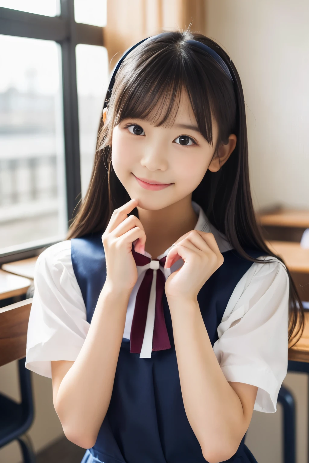 (((masterpiece))), (((Full body photo,Full-body display)))， (Beautiful Japanese Girl, Innocence，cute) ，Ultra-high resolution, Realistic, Ultra-detailed, 8k,Highest quality, Very detailed, Detailed Background,Slender,とてもBeautiful Japanese Girl, Detailed face:1.3), (Fluffy long hair,Black hair tied with a ribbon :1.4), (Baby Face，cute系,Adorable 12 year old girl), (Perfect body:1.1),，Cute Smile:、show me your beautiful teeth、非常にDetailed face、Detailed lips、Detailed eyes、 gravure idol，Clear Skin、Realistic:1.37，No makeup，Neutral lighting,(Highest quality, masterpiece), (One girl, school uniform,Navy blue dress,Neck ribbon,View your viewers, Mouth closed,),Pose to be pampered,In the classroom，Bright lighting