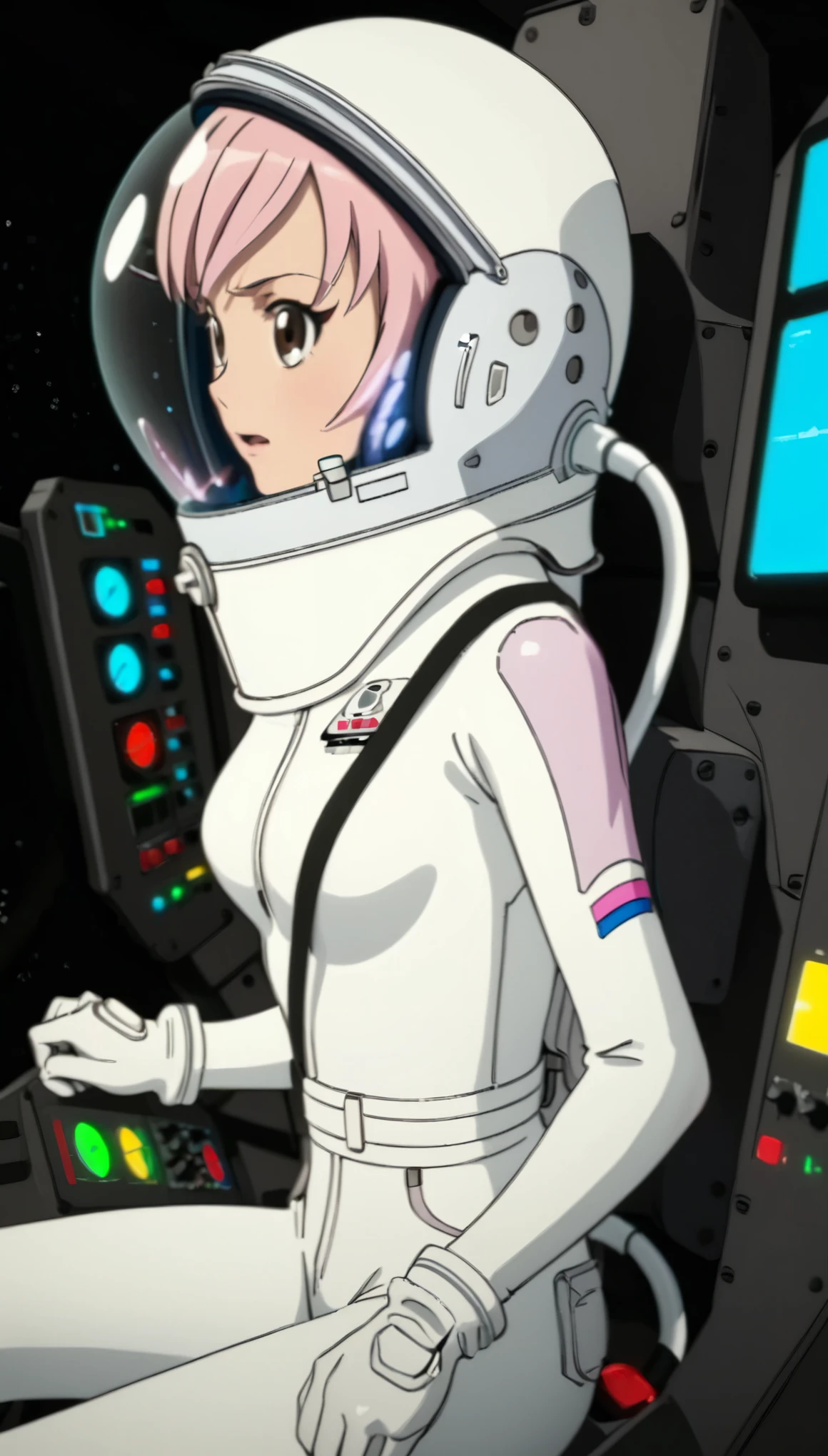 eva helm, spacesuit , astronaut), from above, pink hair, bubble helmet, space helmet, (1girl:1.1) wearing a (spacesuit:1.15), white cargo pants, (ugh, wtf do these buttons do:1.3), inside the cockpit of a (futuristic spaceship:1.1), sitting in the captains chair, (intricate control panels:1.3), (gleaming metal:1.1), surrounded by many buttons and dials and gauges, (nervous:1.1), concerned, beautiful 8k wallpaper, highly advanced, (sleek design:1.3), intricate, highres, superb, 8k wallpaper, extremely detailed, intricate, short hair, from side