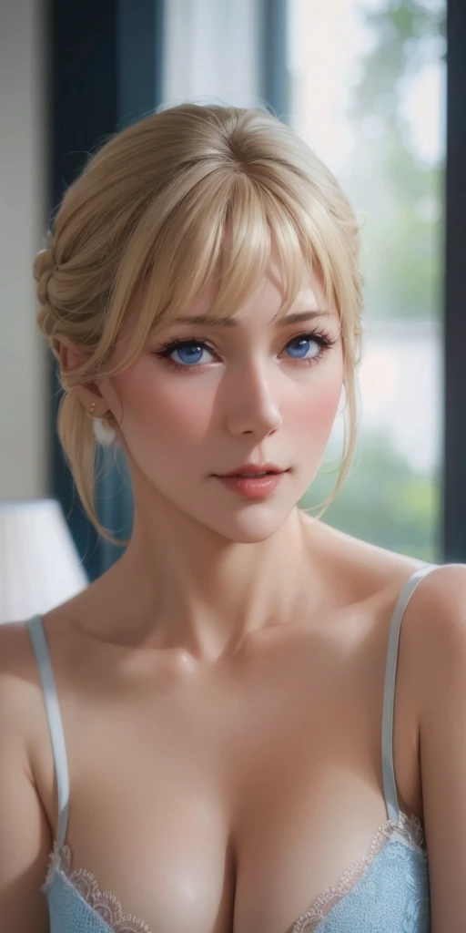 Elegant mature woman, milf, blue eyes, blonde hair, soft light, high detailed, 4k resolution, high quality, beautiful cg,