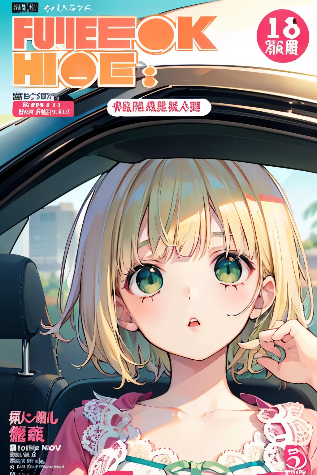 beautiful cute girl,((blonde hair:1.2)),(short hair:1.1),(Lightgreen eyes:1.2),(Flower summer clothes:1.2),((Magazine cover:1.0)),((lace:1.2)),(首を傾げる:1.3), (lie on your back:1.15),(In car:1.1),(open your mouth:1.1),kiss Face,close-up Face.