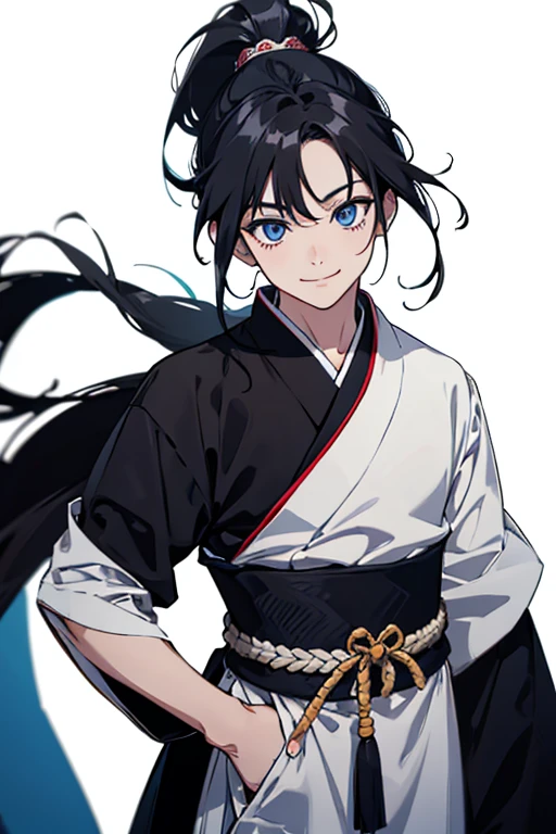 vision, Very long hair, Anatomically correct, ponytail, anime, 5 years old, boy, High resolution, Black Hair, Simple Background, smile, blue eyes, Shinto, 