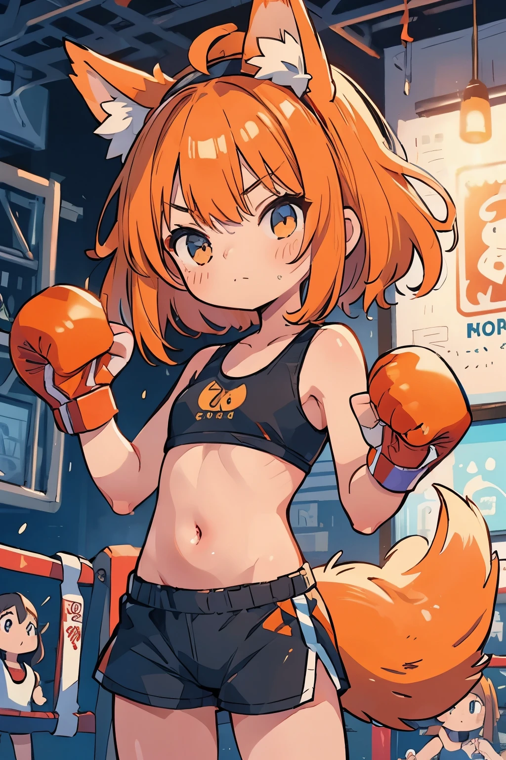 (boxing:1.3)、Teenage Girls、Young、child、belly button、stomach、cool、Shorts、Serious expression、strong、(Closed Mouth:1.1)、Orange Hair、Animal Ears、Tail of the beast