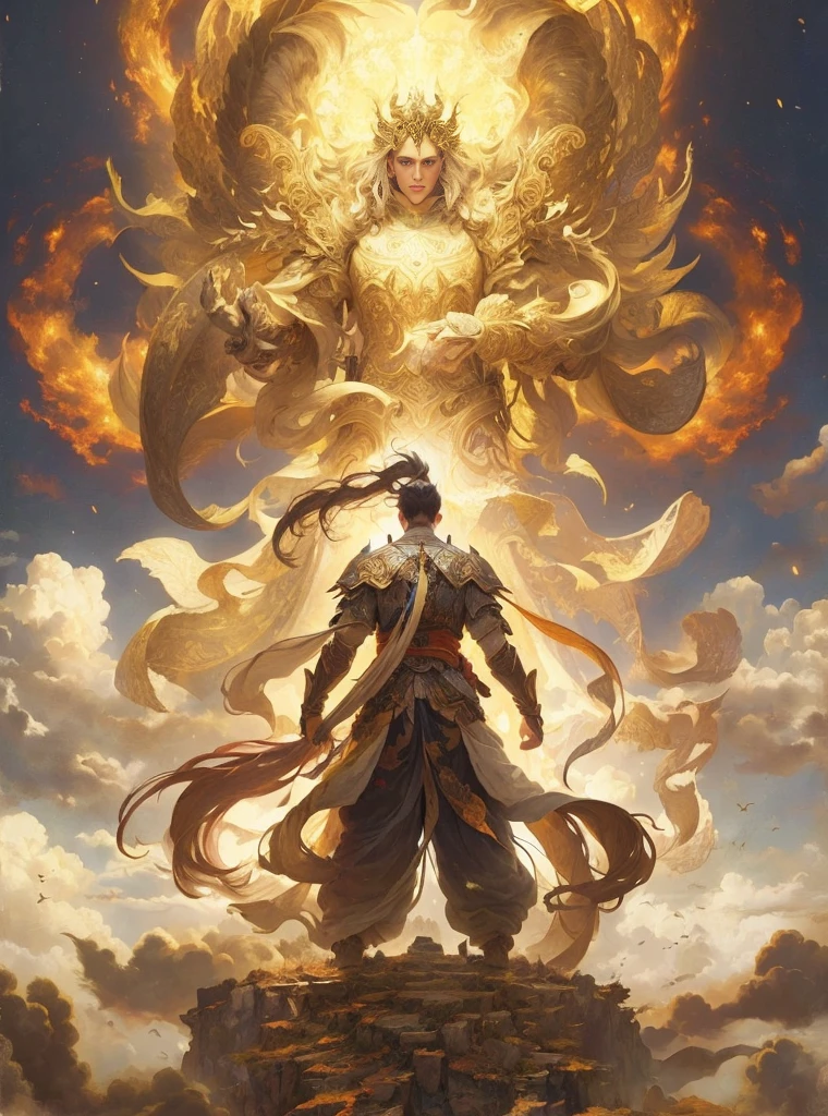 A painting，A man standing on a mountain top，There&#39;s a fireball in the sky, author：Yang J, Anime epic artwork, peter Morbacher. Unreal Engine, Onmyoji detailed art, heise jinyao, Anime Fantasy Artwork, Anime fantasy illustration, Morbacher, 2. 5 d cgi Anime Fantasy Artwork, in the art style of 莫尔尔
