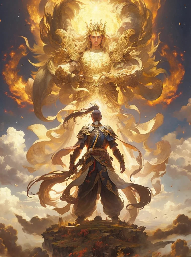 A painting,A man standing on a mountain top,There's a fireball in the sky, author:Yang J, Anime epic artwork, peter Morbacher. Unreal Engine, Onmyoji detailed art, heise jinyao, Anime Fantasy Artwork, Anime fantasy illustration, Morbacher, 2. 5 d cgi Anime Fantasy Artwork, in the art style of 莫尔尔