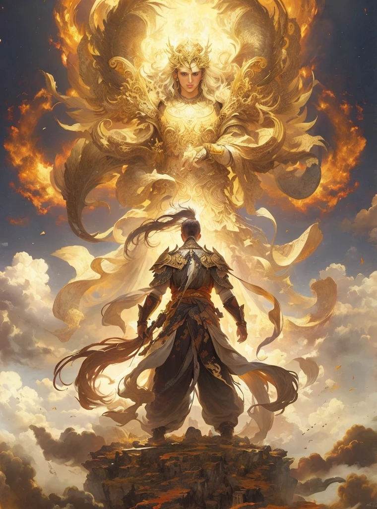 A painting，A man standing on a mountain top，There&#39;s a fireball in the sky, author：Yang J, Anime epic artwork, peter Morbacher. Unreal Engine, Onmyoji detailed art, heise jinyao, Anime Fantasy Artwork, Anime fantasy illustration, Morbacher, 2. 5 d cgi Anime Fantasy Artwork, in the art style of 莫尔尔