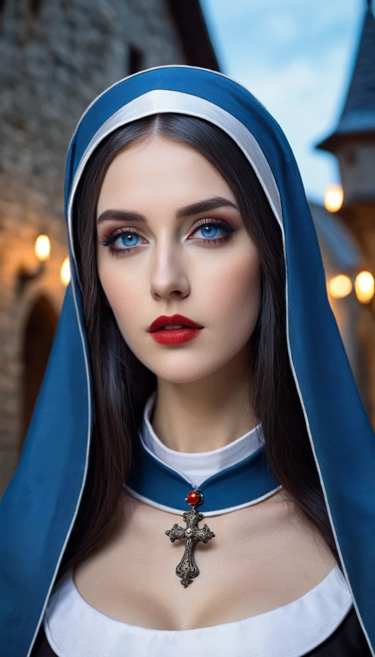 tmasterpiece,Best quality at best,A high resolution,8K,((Portrait)),(Head close-up),Original photo,real photograph,digital photography,(A medieval fantasy woman),(The nun in fantasy style),25 years old woman,(Inky blue gradation of hair),Long blue hair,red eyes,(Long hair with blue and gray gradient,blue),(Big breasts),An extravagant ornament,cparted lips,Keep your mouth shuegant and charming,((Frown)),Serious and arrogant,Calm and handsome,(Medieval nun costume,Cross,A complex pattern of clothing),Photo pose,medieval characteredieval fantasy style,City background at night,oc render reflection texture