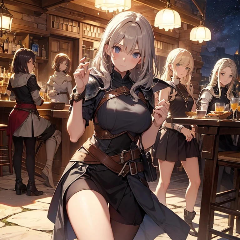 A group of  female medieval fantasy adventurers, (in tavern), various hair styles, harem, night, details face, short skirt, seducing, sleeveless, armor 