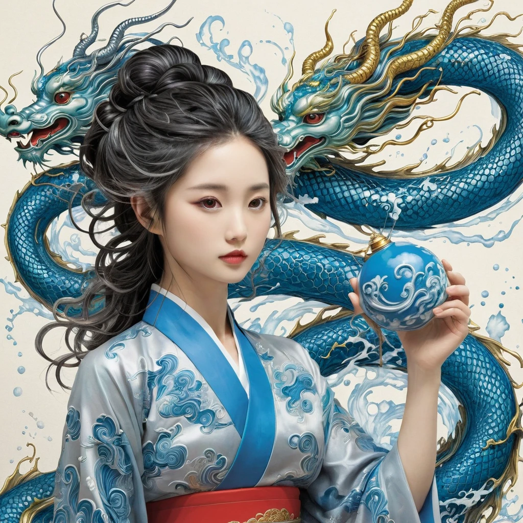 {{{{{illustration}}}}},author：Yuko Shimizu,1 Girl,Chinese dragon,Chinese Girl,female focus on, {{Color ink painting}},{{Ink splash}},{{Splash of Color}},{{{rich and colorful}}},{{sketch}}, masterpiece,best quality, Beautifully painted,Very detailed,