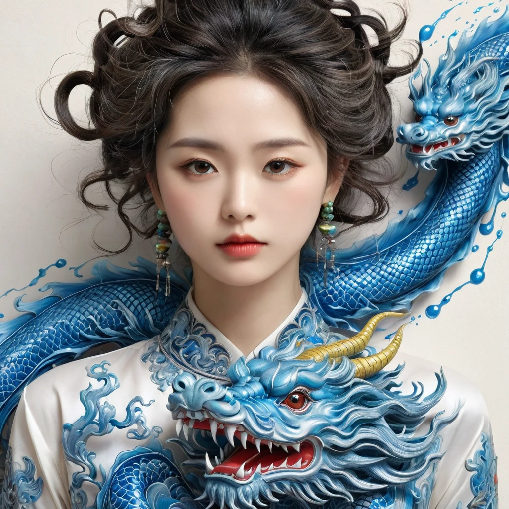 {{{{{illustration}}}}},author:Yuko Shimizu,1 Girl,Chinese dragon,Chinese Girl,female focus on, {{Color ink painting}},{{Ink splash}},{{Splash of Color}},{{{rich and colorful}}},{{sketch}}, masterpiece,best quality, Beautifully painted,Very detailed,