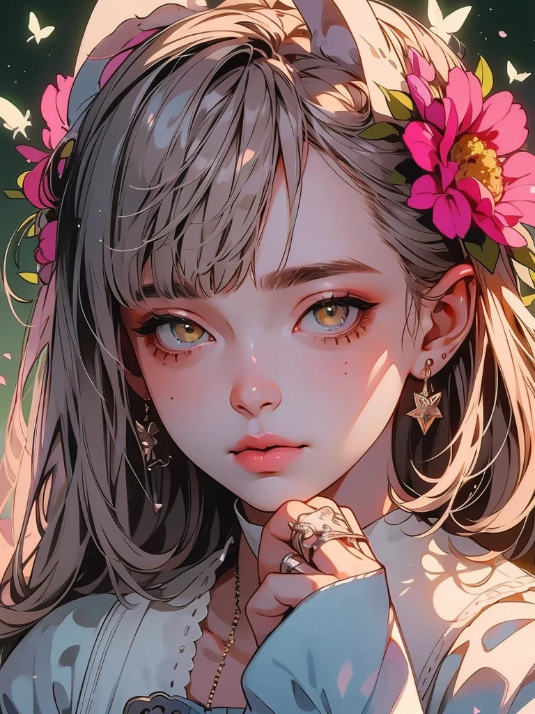 Detail, realism, 4k, 15-year-old girl, face detail, large yellow eyes, plump lips, upturned nose, gray hair with pink strands, in a white dress, with a rabbit in her hands, flowers in the background, white butterflies in the foreground, realistic shooting, depth of field, soft forelight, glow, HDR (muted colors: 1.2), Canon RF 100mm F2.8L Macro IS USM