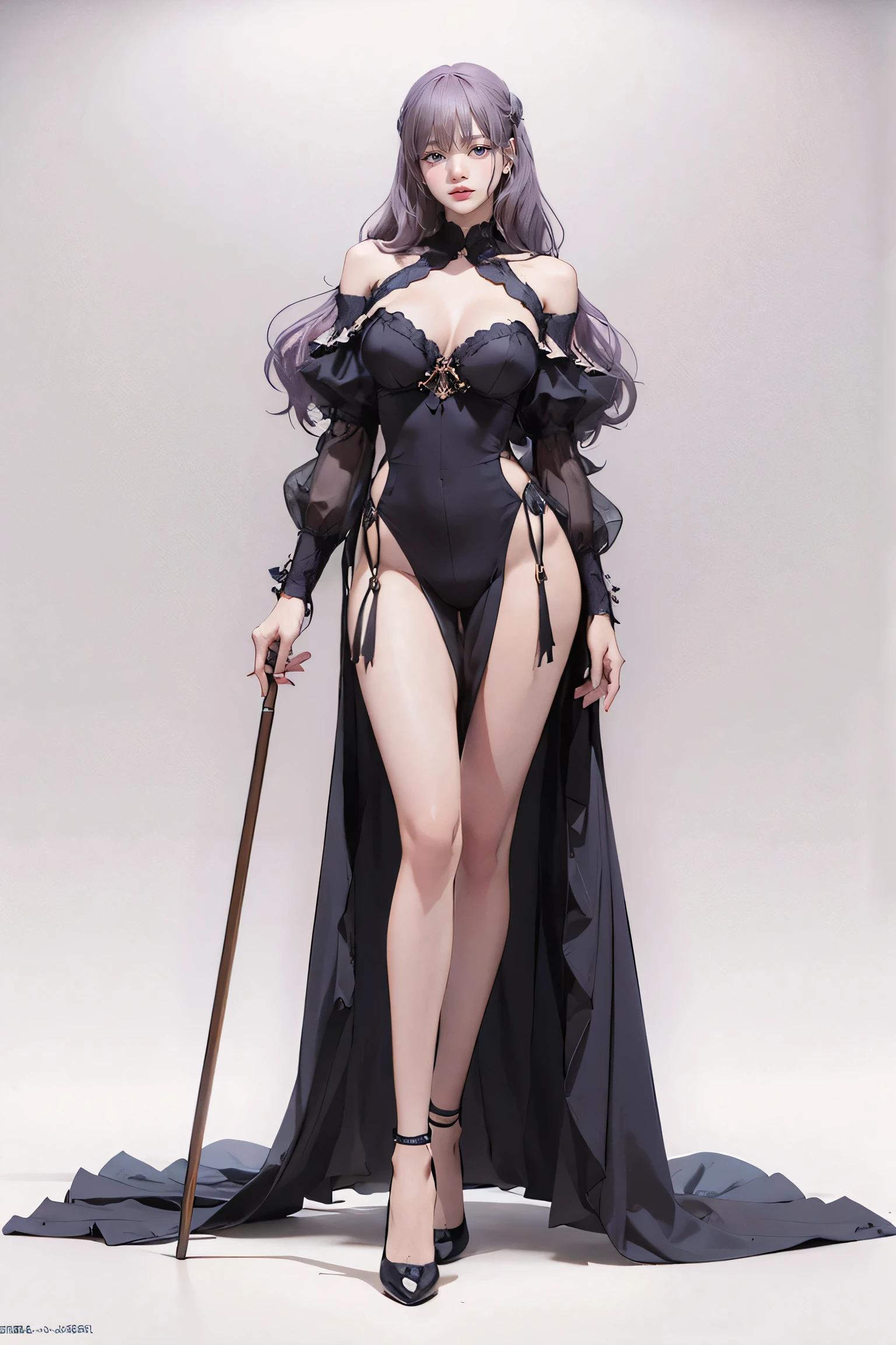 Masters of Animation, A perfect masterpiece, On a snow-white background、Cool outfits, Sexy and modern clothing、Sexy mature modern woman standing, Flowing purple hair, Spanish Curly Hair, Full Body Stand Posture, Thin legs, ((Large Breasts)), Detailed facial details, Natural and beautiful standing posture, Crisp and realistic body detail,(Browsing Caution:0.9)