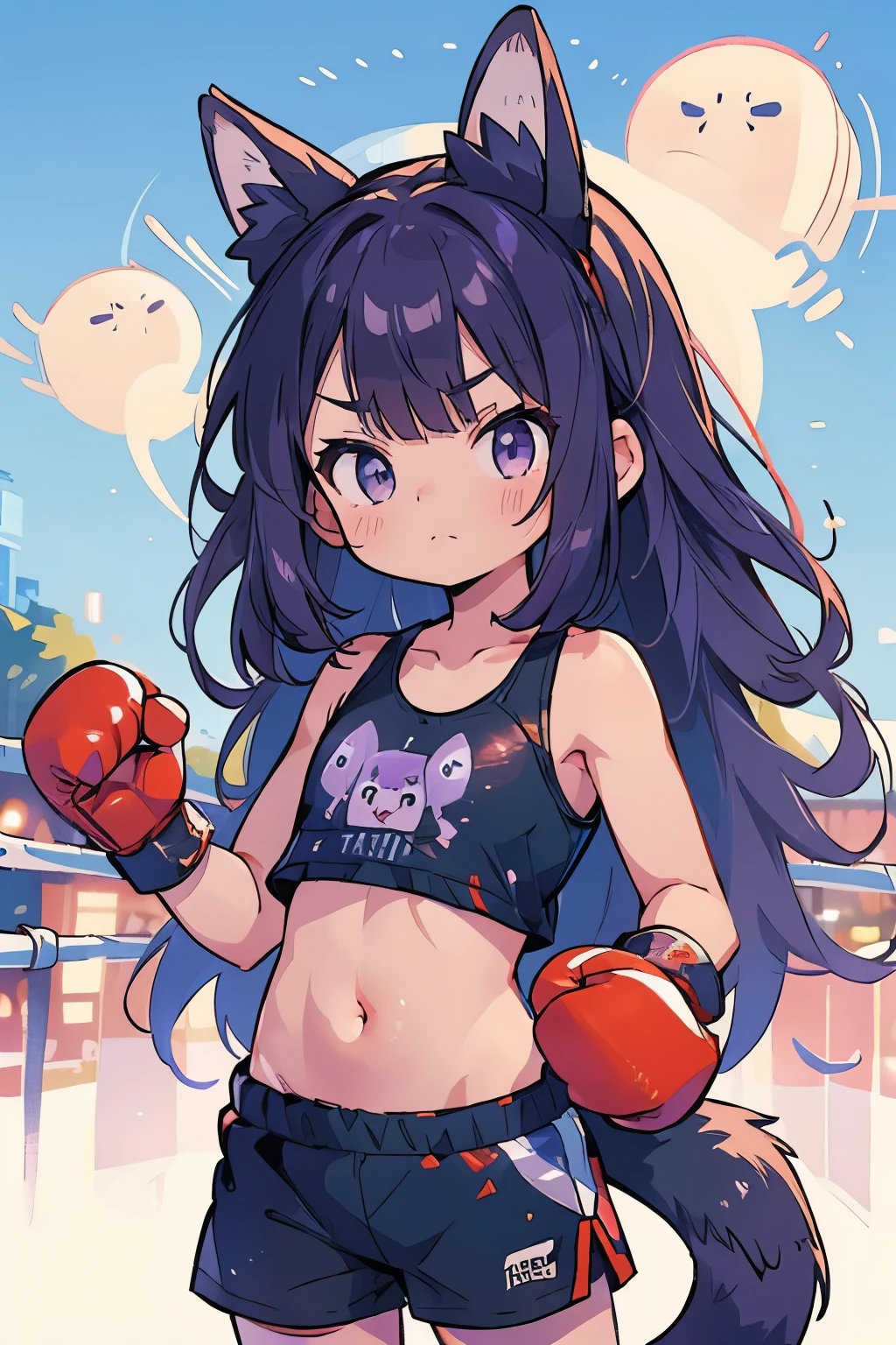 (boxing:1.3)、Teenage Girls、Young、child、belly button、stomach、cool、Shorts、Serious expression、strong、(Closed Mouth:1.1)、Purple Hair、Animal Ears、Tail of the beast