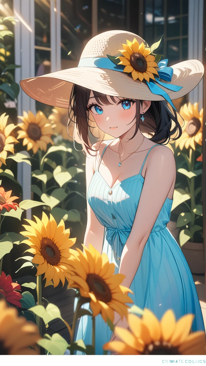 masterpiece, best quality:1.3, 1girl, sun dress, sun hat, sun flower garden, expressive face, natural lighting, vibrant colors, cinematic lighting, soft focus, prismatic, holographic,chromati caberration,